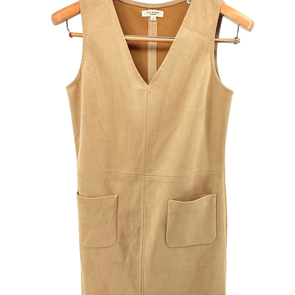 Max Studio London Tan Suede Like Pinafore Dress Size S V Neck Pockets